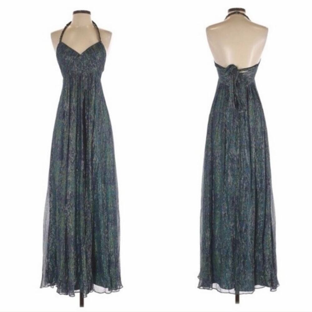 BCBG Maxazria sz6 Silk Metallic Snake Maxi Green Lurex Chiffon Long Dress Chain